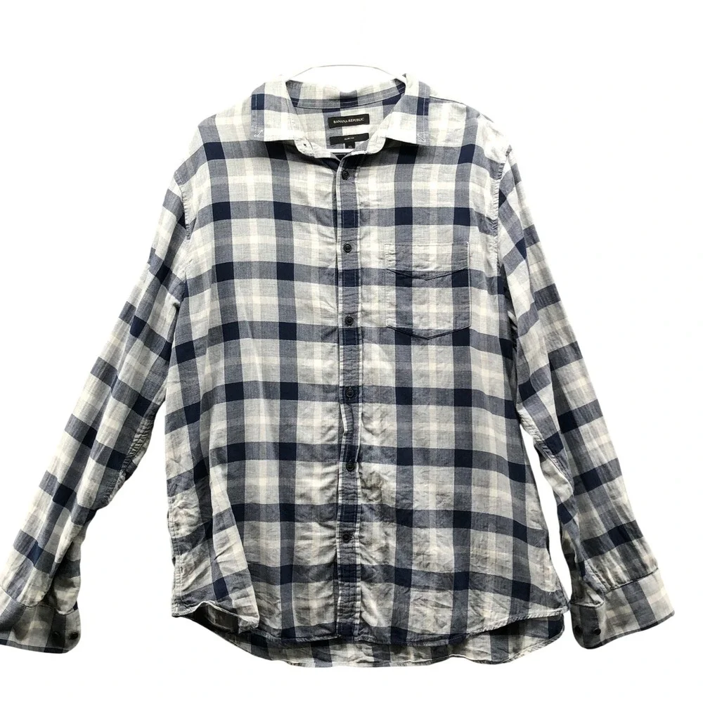 Banana Republic Slim Fit Crinkle Cotton Flannel Shirt Mens XL Blue Plaid